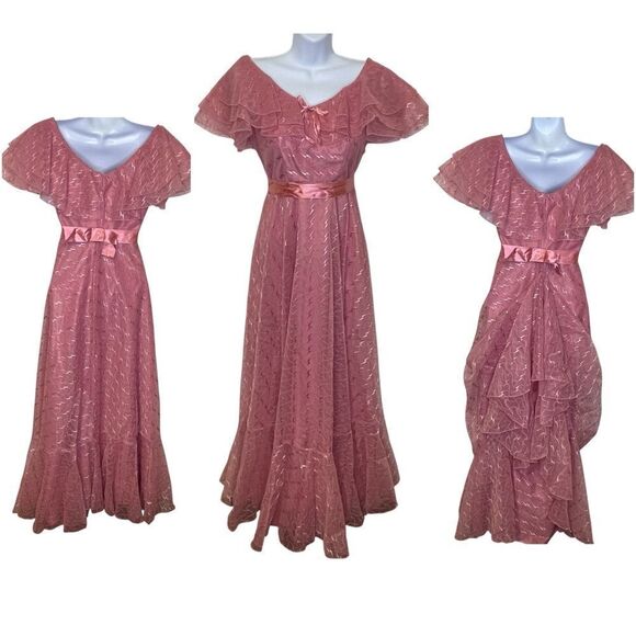 Vintage 1970s Ruffle Tulle Daphne Rose JC Penney Maxi Dress Prom Gown Size 3/4 - Picture 1 of 16